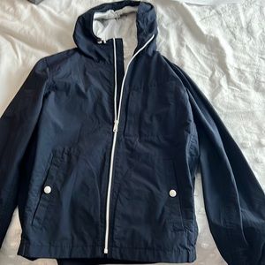 Navy and white zip up jcrew rain coat